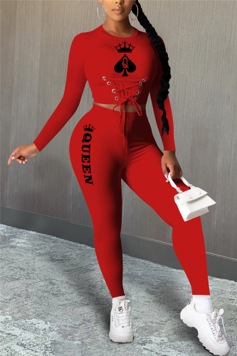 Red Fashion Casual adult Ma'am Patchwork Print Two Piece Suits pencil Long Sleeve Two Pieces
