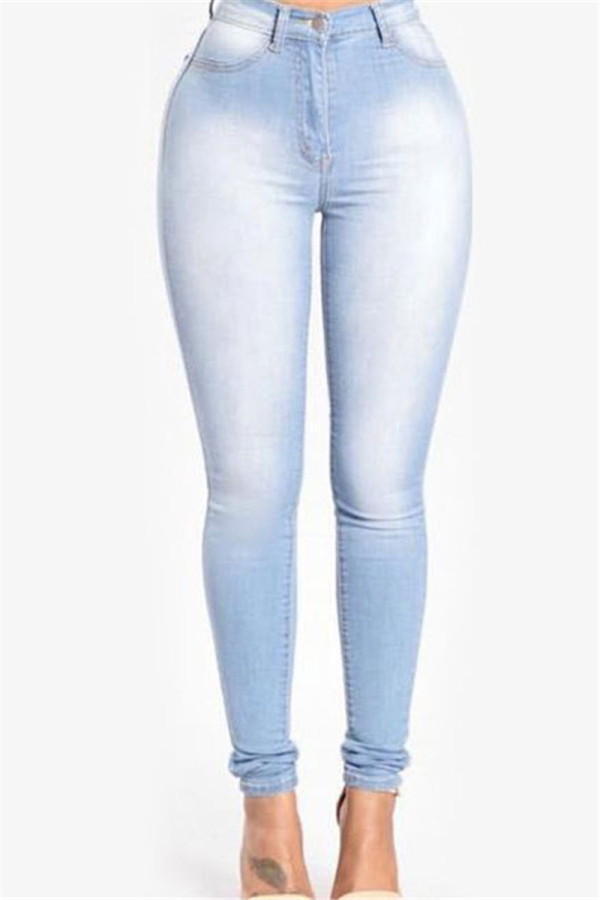 Light Blue Fashion Casual Skinny Solid Jeans
