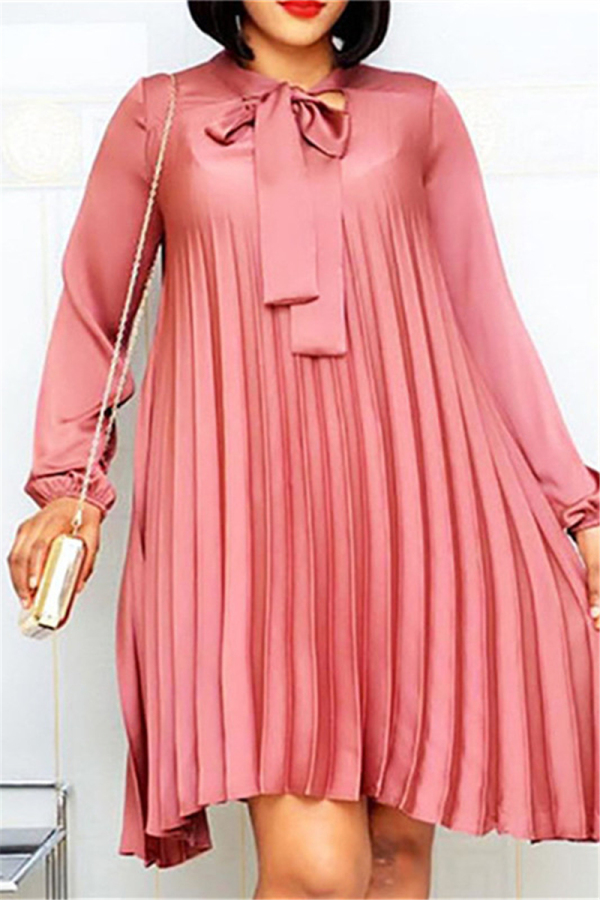 Pink Casual Regular Sleeve Long Sleeve Mandarin Collar Pleated Knee Length Solid Dresses