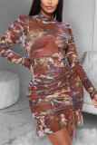 Brown Sexy Sleeve Long Sleeve Half A Turtleneck Asymmetrical Mini Print Dresses