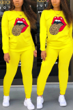 Yellow Fashion Casual adult Ma'am Print Two Piece Suits pencil Long Sleeve Two Pieces