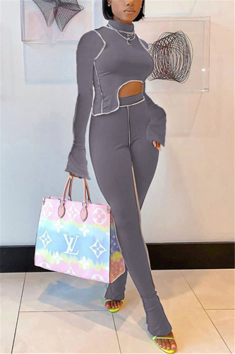 Grey Milk Silk OL Patchwork Solid asymmetrical pencil Long Sleeve Two Pieces