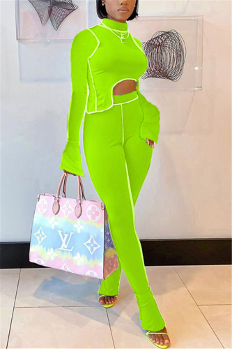 Green Milk Silk OL Patchwork Solid asymmetrical pencil Long Sleeve Two Pieces