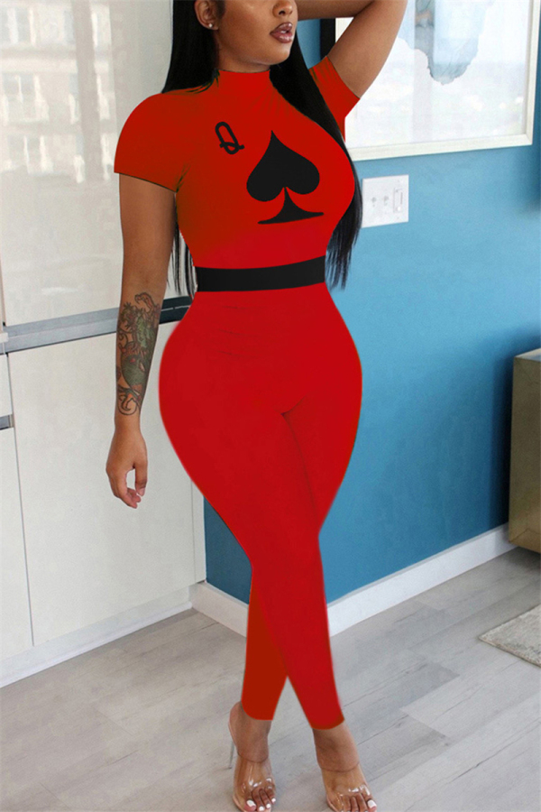 Red Fashion Sexy Print Short Sleeve O Neck Jumpsuits