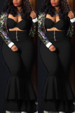 Black Fashion Sexy Strapless Sleeveless Off The Shoulder Solid Plus Size Set