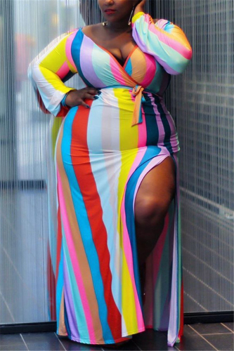 Colorful Sexy Plus Size V Neck Long Sleeve Regular Sleeve Striped Print Printed Dress