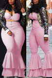 Pink Fashion Sexy Strapless Sleeveless Off The Shoulder Solid Plus Size Set