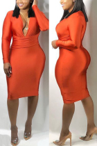 Orange Sexy Long Sleeves V Neck Step Skirt Knee-Length Solid Dresses