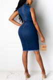 Deep Blue Fashion Sexy Sleeveless Turndown Collar Denim Dress Knee Length Solid Dresses