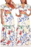 White Fashion adult Ma'am Sweet Print Two Piece Suits A-line skirt Short Sleeve Two Pieces