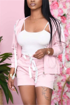 Pink Sexy Patchwork Solid Straight Long Sleeve Two Pieces