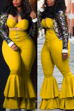 Yellow Fashion Sexy Strapless Sleeveless Off The Shoulder Solid Plus Size Set