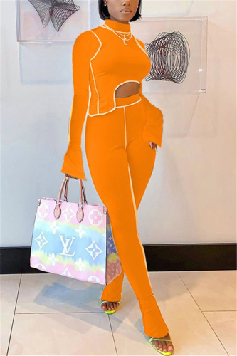 Orange Milk Silk OL Patchwork Solid asymmetrical pencil Long Sleeve Two Pieces