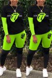 Fluorescent green Street Print pencil Long Sleeve Two Pieces