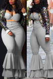 Gray Fashion Sexy Strapless Sleeveless Off The Shoulder Solid Plus Size Set