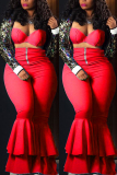 Red Fashion Sexy Strapless Sleeveless Off The Shoulder Solid Plus Size Set