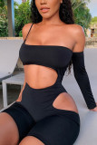 Black Sexy Solid Three Quarter Wrapped Rompers