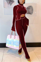 Wine Red Milk Silk OL Patchwork Solid asymmetrical pencil Long Sleeve Two Pieces