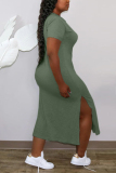 Green Fashion Casual Regular Sleeve Short Sleeve O Neck Mid Calf Solid Dresses
