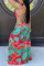 Green Sexy Spaghetti Strap Sleeveless Slip Swagger Floor-Length Print Dresses