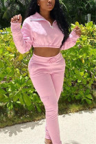 Pink Fashion Casual Long Sleeve Turndown Collar Regular Sleeve Short Solid Two Pieces