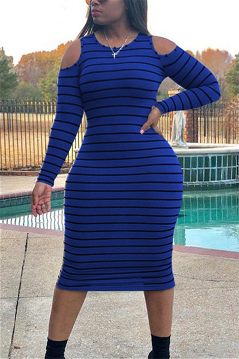 

Blue Fashion Casual adult Ma'am Cap Sleeve Long Sleeves O neck Step Skirt Mid-Calf Striped Dresses