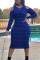 Blue Fashion Casual adult Ma'am Cap Sleeve Long Sleeves O neck Step Skirt Mid-Calf Striped Dresses