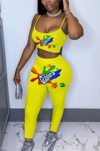 Yellow Casual Print pencil Sleeveless Two Pieces