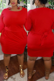 rose red Fashion Casual adult Ma'am O Neck Solid Plus Size