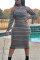 Dark Gray Fashion Casual adult Ma'am Cap Sleeve Long Sleeves O neck Step Skirt Mid-Calf Striped Dresses