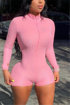 Pink Fashion Casual Turtleneck Long Sleeve Regular Sleeve Skinny Solid Romper