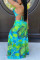 Green Sexy Spaghetti Strap Sleeveless Slip Swagger Floor-Length Print Dresses