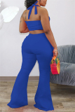 Blue Fashion Sexy Sleeveless Halter Off The Shoulder Short Solid Two Pieces