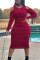 Red Fashion Casual adult Ma'am Cap Sleeve Long Sleeves O neck Step Skirt Mid-Calf Striped Dresses