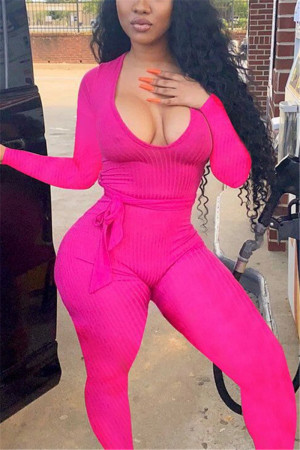 rose red Sexy street Solid Long Sleeve O Neck Jumpsuits