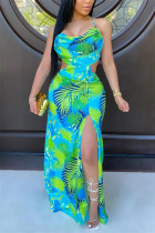 Green Sexy Spaghetti Strap Sleeveless Slip Swagger Floor-Length Print Dresses