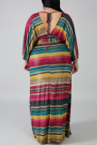 Colorful Fashion Sexy V Neck Long Sleeve Batwing Sleeve Striped Long Sleeve Dress Plus Size