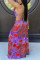 Red Sexy Spaghetti Strap Sleeveless Slip Swagger Floor-Length Print Dresses