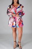 Red Fashion Sexy V Neck Long Sleeve Regular Sleeve Print Plus Size Romper