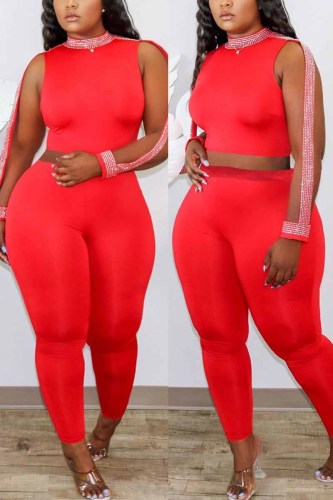 Red Fashion Sexy Print Solid pencil Sleeveless Two Pieces