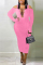 Pink Fashion Sexy Cold Shoulder Long Sleeve V Neck Mid Calf Solid Dresses