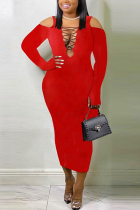 Red Fashion Sexy Cold Shoulder Long Sleeve V Neck Mid Calf Solid Dresses
