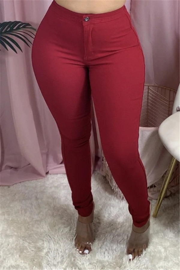 Wine Red Fashion Casual Skinny Solid Trousers
