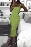 Green Fashion Sexy Spaghetti Strap Sleeveless U Neck Sling Dress Mid Calf Solid Dresses