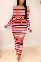 Pink Sexy Off The Shoulder Long Sleeve Bateau Neck Printed Dress Ankle Length Striped Print Dresses