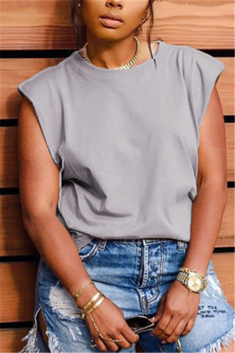 Gray Fashion O Neck Sleeveless Regular Solid Tops