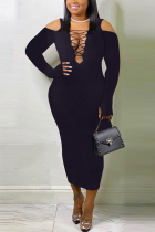 Black Fashion Sexy Cold Shoulder Long Sleeve V Neck Mid Calf Solid Dresses