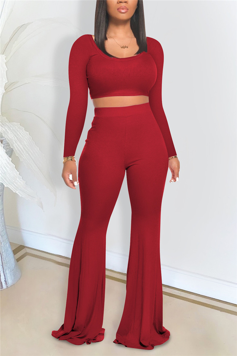 Red Fashion Casual Adult Ma Am Solid Two Piece Suits Loose Long Sleeve Two Pieces Two Piece