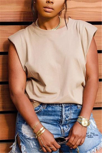 Khaki Fashion O Neck Sleeveless Regular Solid Tops