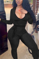 Black Sexy street Solid Long Sleeve O Neck Jumpsuits